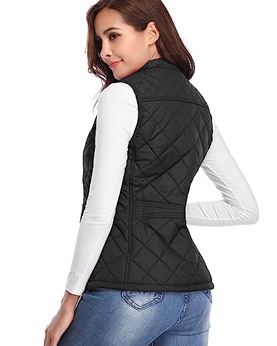 Fuinloth Women's Quilted Vest, Stand Collar Lightweight Zip Padded Gilet Black M