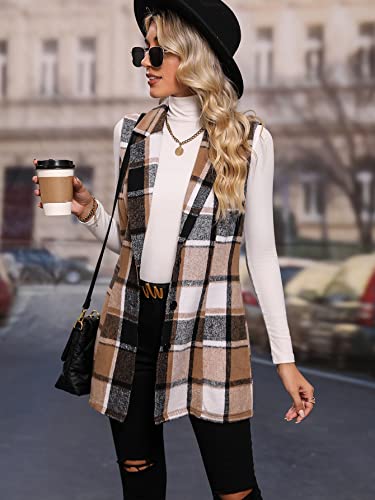 MakeMeChic Women's Plaid Vest Coat Casual Lapel Neck Button Front Sleeveless Blazer Jacket Outerwear Coffee Brown M