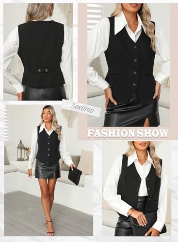 Dokotoo Women's Fashion Dressy Vest V Neck Buttons Side Pockets Business Casual Vests Versatile Outerwear Suit Waistcoats Black Medium