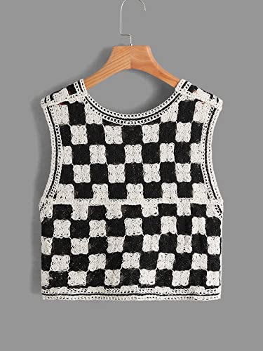 Verdusa Women's Button Front V Neck Sleeveless Checkered Knit Sweater Vest Black and White M