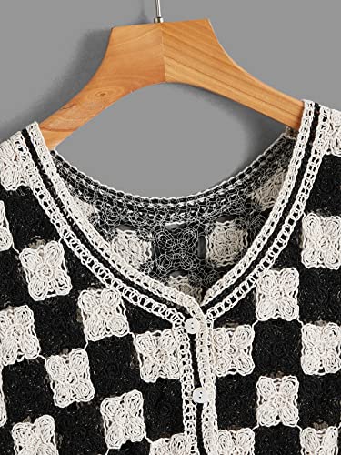 Verdusa Women's Button Front V Neck Sleeveless Checkered Knit Sweater Vest Black and White M