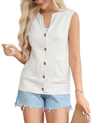 Womens Summer Work Sweater Vest Sleeveless Ribbed Tank Tops Button Down Vest V Neck Top for Women Ivory
