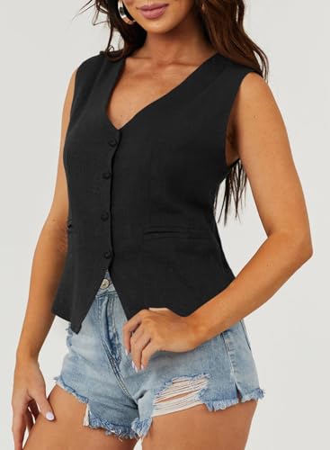 Dokotoo Women's Fashion Dressy Vest V Neck Buttons Side Pockets Business Casual Vests Versatile Outerwear Suit Waistcoats Black Medium