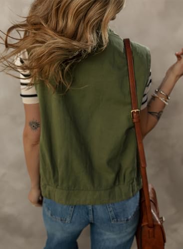 Dokotoo Fall Outfits for Women 2024 Trendy Casual Lapel Collar Buttons Sleeveless Elastic Hem Pockets Spring Fall Cargo Travel Utility Vests Womens Waistcoats Green Large