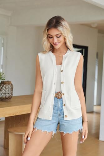 Womens Summer Work Sweater Vest Sleeveless Ribbed Tank Tops Button Down Vest V Neck Top for Women Ivory