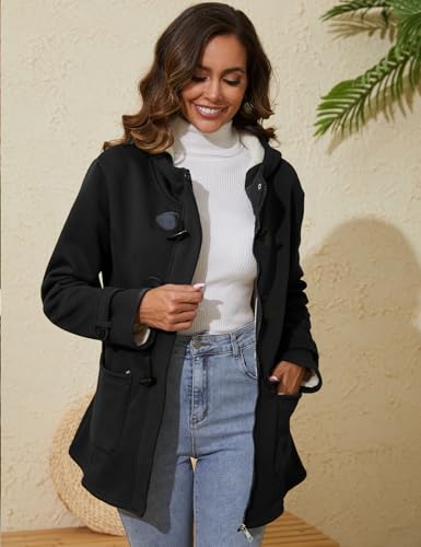 VDWIP Womens Fleece Sherpa Lined Jacket Winter Warm Thicken Coats Hooded Horn Button Jacket Sweatshirt With Pockets(Black-S)