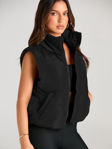 AUTOMET Fall Outfits Clothes Puffer Vest Women Sleeveless Winter Cropped Outerwear Warm Puffer Lightweight Stand-up Collar Down with Pockets 2024 Black M