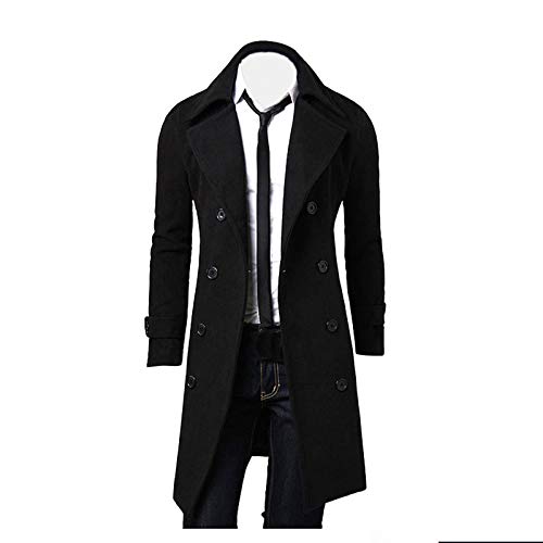 Ymosrh Coats For Men, Trench Notched Lapel Double Breasted Long Jacket Overcoat Pea Men's Outerwear Jackets & Coats Men Jackets Fit Coats Overcoat Duffel Full Length Coat (XXL, Black)