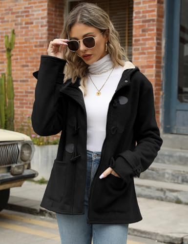 VDWIP Womens Fleece Sherpa Lined Jacket Winter Warm Thicken Coats Hooded Horn Button Jacket Sweatshirt With Pockets(Black-S)