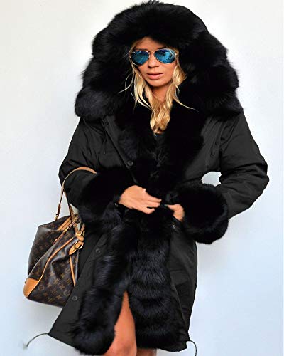 Aoxwomens Fashion Winter Coat with Faux Fur Hood Thicken Warm Casual Plus Size Outdoor Jacket Parka (XX-Large, Black Faux Fur)