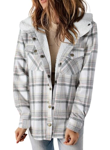 Dokotoo Winter Coats for Women Hooded Shacket Jacket Fashion Plaid Flannel Shirts Fleece Lined Long Sleeve Button Up Jackets Sherpa Fuzzy Thick Coat Vintage Fall Warm Oversized Outwear White XL