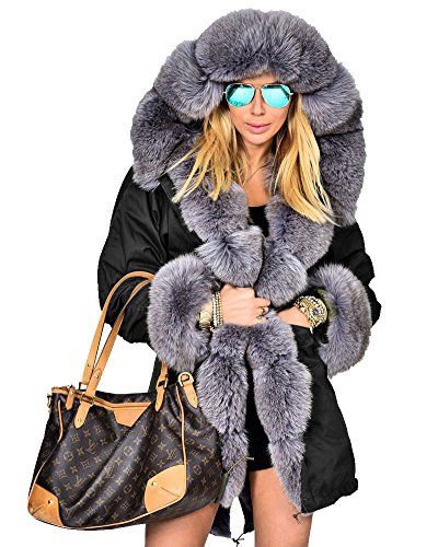 Roiii Womens Hooded Camouflage Warm Winter Coats Faux Fur Jacket Parka Overcoat(3X-Large,Black)