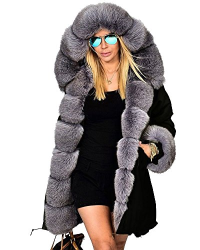Roiii Womens Hooded Camouflage Warm Winter Coats Faux Fur Jacket Parka Overcoat(3X-Large,Black)