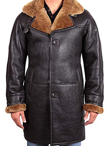 BRANDSLOCK Mens Real Shearling Sheepskin Leather Warm Duffle Trench Coat (Brown, L)
