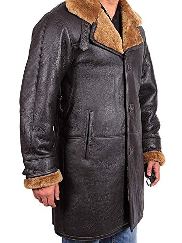 BRANDSLOCK Mens Real Shearling Sheepskin Leather Warm Duffle Trench Coat (Brown, L)