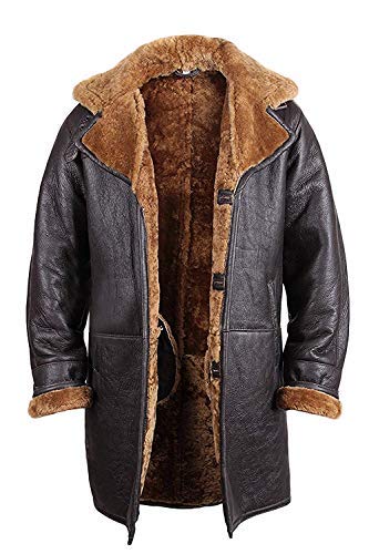 BRANDSLOCK Mens Real Shearling Sheepskin Leather Warm Duffle Trench Coat (Brown, L)