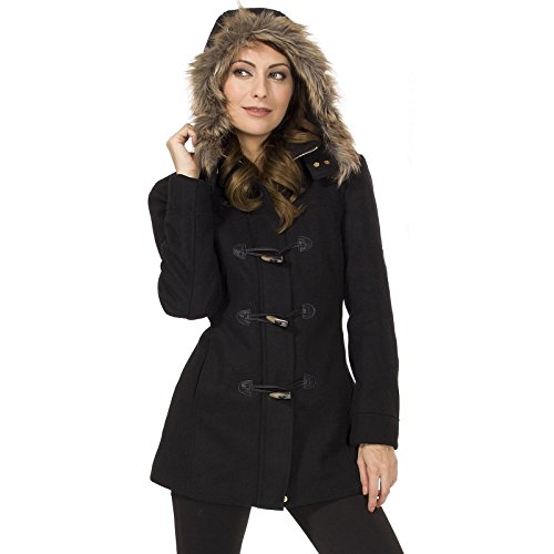 Alpine Swiss Duffy Womens Black Wool Coat Fur Trim Hooded Parka Jacket 2XL