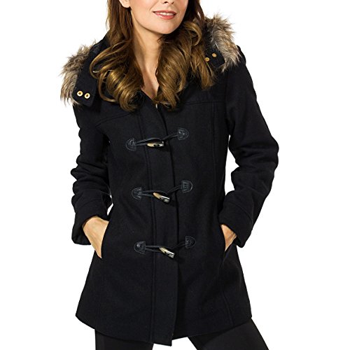 Alpine Swiss Duffy Womens Black Wool Coat Fur Trim Hooded Parka Jacket 2XL