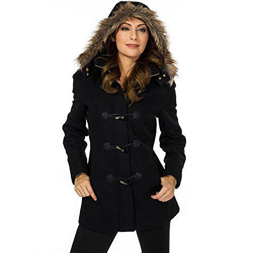 Alpine Swiss Duffy Womens Black Wool Coat Fur Trim Hooded Parka Jacket 2XL