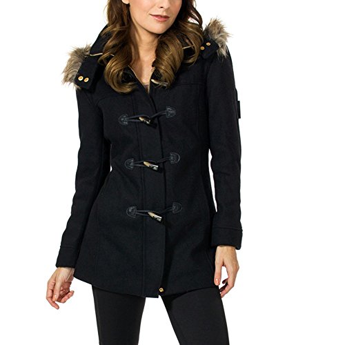 Alpine Swiss Duffy Womens Black Wool Coat Fur Trim Hooded Parka Jacket 2XL