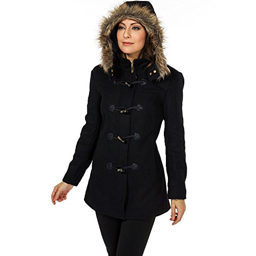 Alpine Swiss Duffy Womens Black Wool Coat Fur Trim Hooded Parka Jacket 2XL