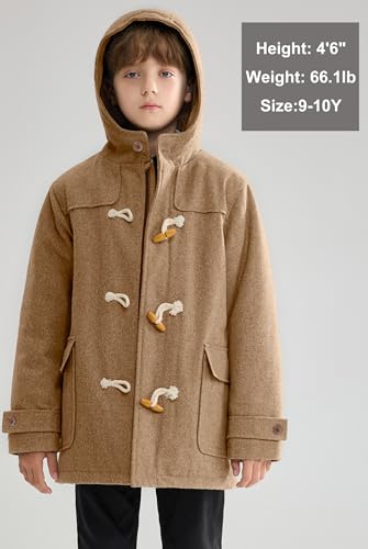 maoo garden Boys Wool Coat Kids Winter Heavy Sherpa Lined Duffle Jacket Hooded Trench Dress Coat Camel 13-14Y