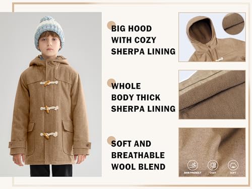 maoo garden Boys Wool Coat Kids Winter Heavy Sherpa Lined Duffle Jacket Hooded Trench Dress Coat Camel 13-14Y