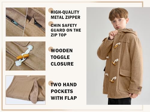 maoo garden Boys Wool Coat Kids Winter Heavy Sherpa Lined Duffle Jacket Hooded Trench Dress Coat Camel 13-14Y