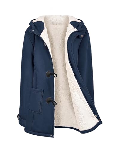 HEEKPEK Womens Sherpa Lined Coats Winter Warm Fashion Horn Button Fleece Thicken Hooded Casual Jackets Long Sleeve Outerwear(Navy,XXL)