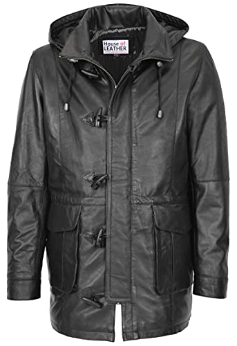 Mens Leather Duffle Coat with Detachable Hoodie Parka Jack Black (2XL)
