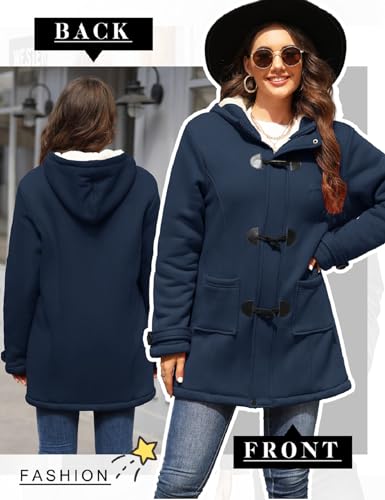 HEEKPEK Womens Sherpa Lined Coats Winter Warm Fashion Horn Button Fleece Thicken Hooded Casual Jackets Long Sleeve Outerwear(Navy,XXL)