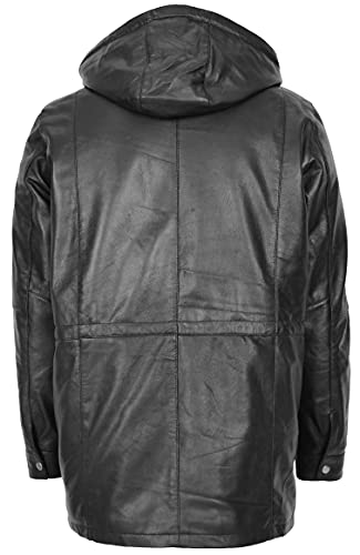 Mens Leather Duffle Coat with Detachable Hoodie Parka Jack Black (2XL)