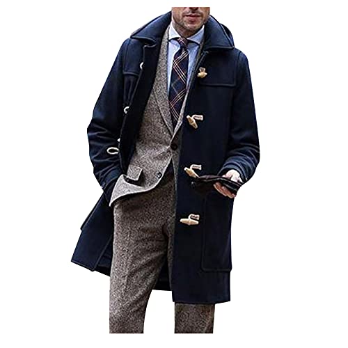 Sinifer Men's Woollen Duffle Trench Coat Toggle Winter Thick Lapel Slim Fit Business Overcoat Jacket Mid Length Windbreaker (US, Alpha, X-Large, Regular, Regular, Navy)