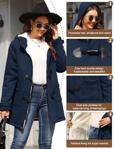 HEEKPEK Womens Sherpa Lined Coats Winter Warm Fashion Horn Button Fleece Thicken Hooded Casual Jackets Long Sleeve Outerwear(Navy,XXL)