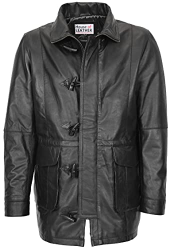 Mens Leather Duffle Coat with Detachable Hoodie Parka Jack Black (2XL)