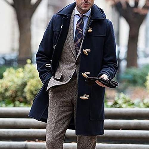 Sinifer Men's Woollen Duffle Trench Coat Toggle Winter Thick Lapel Slim Fit Business Overcoat Jacket Mid Length Windbreaker (US, Alpha, X-Large, Regular, Regular, Navy)