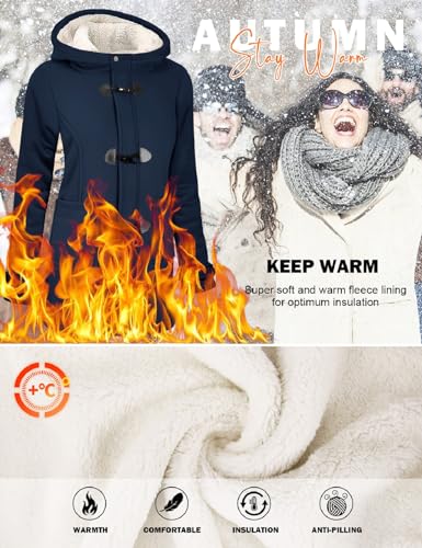 HEEKPEK Womens Sherpa Lined Coats Winter Warm Fashion Horn Button Fleece Thicken Hooded Casual Jackets Long Sleeve Outerwear(Navy,XXL)