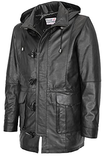 Mens Leather Duffle Coat with Detachable Hoodie Parka Jack Black (2XL)