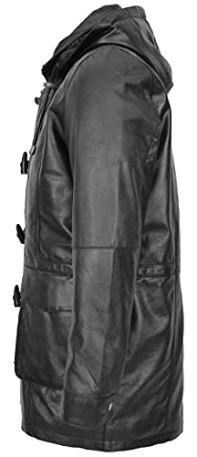 Mens Leather Duffle Coat with Detachable Hoodie Parka Jack Black (2XL)
