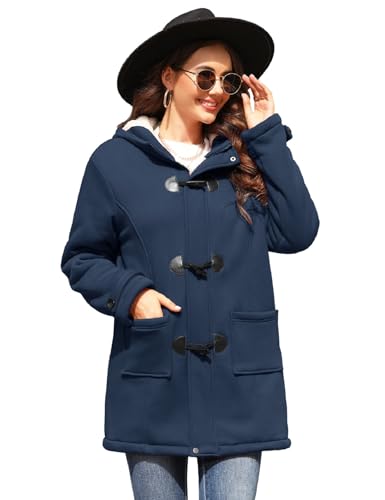 HEEKPEK Womens Sherpa Lined Coats Winter Warm Fashion Horn Button Fleece Thicken Hooded Casual Jackets Long Sleeve Outerwear(Navy,XXL)