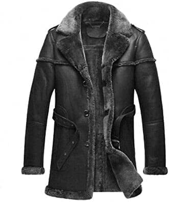 Men's Classic Anti Winter Grey Fur Black Real Sheepskin bomber Leather Duffle Coat (Large), a-1