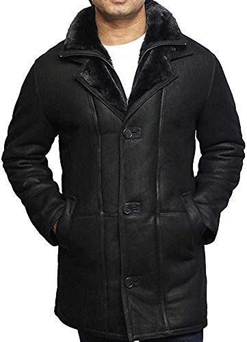 BRANDSLOCK Mens Real Shearling Sheepskin Leather Warm Duffle Trench Coat (Black & Black, M)