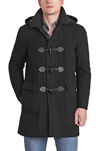Landing Leathers Men Mason Wool Blend Single Breasted Walking Toggle Duffle Coat with Hood (Also available in Big and Tall), Black, 3XL Big