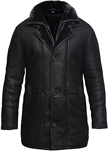BRANDSLOCK Mens Real Shearling Sheepskin Leather Warm Duffle Trench Coat (Black & Black, M)