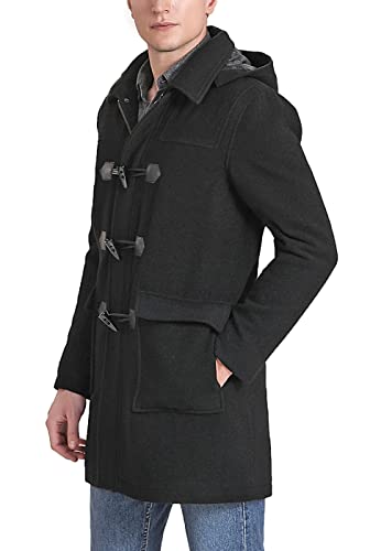 Landing Leathers Men Mason Wool Blend Single Breasted Walking Toggle Duffle Coat with Hood (Also available in Big and Tall), Black, 3XL Big