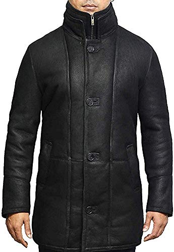 BRANDSLOCK Mens Real Shearling Sheepskin Leather Warm Duffle Trench Coat (Black & Black, M)