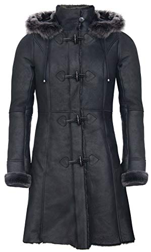 Infinity Leather Ladies Black Snowtip Merino Shearling Sheepskin Hooded Duffle Coat XL