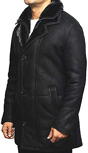 BRANDSLOCK Mens Real Shearling Sheepskin Leather Warm Duffle Trench Coat (Black & Black, M)