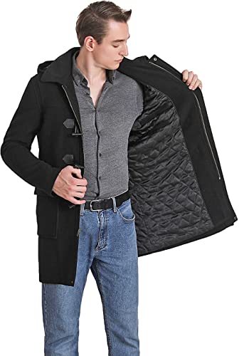 Landing Leathers Men Mason Wool Blend Single Breasted Walking Toggle Duffle Coat with Hood (Also available in Big and Tall), Black, 3XL Big