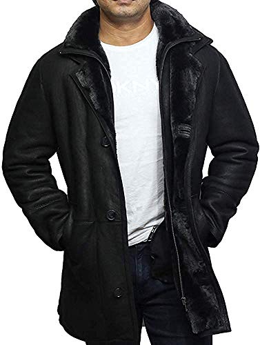 BRANDSLOCK Mens Real Shearling Sheepskin Leather Warm Duffle Trench Coat (Black & Black, M)